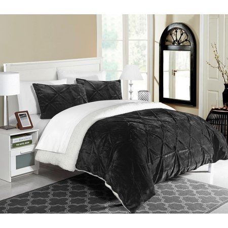 FIXTURESFIRST 3 Piece Enzo Pinch Pleated Ruffled & Pintuck Sherpa Lined Comforter Set, Black FI2541683